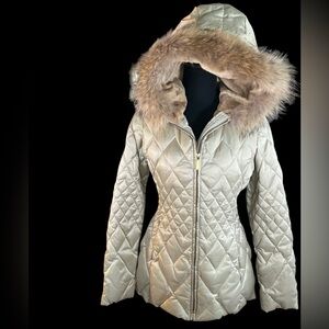 Gold Puffer Jacket (Laundry by Shelli Segal) Fur Trim Hood | Size M